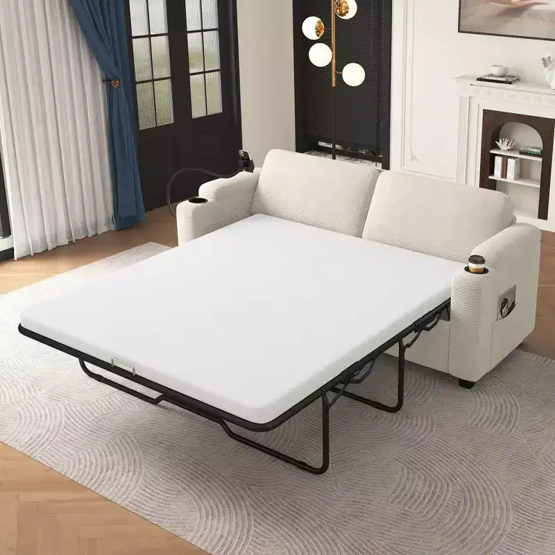 Divanetto trasformabile in velluto a coste Whisen 72.8 con materasso, porte USB e contenitore