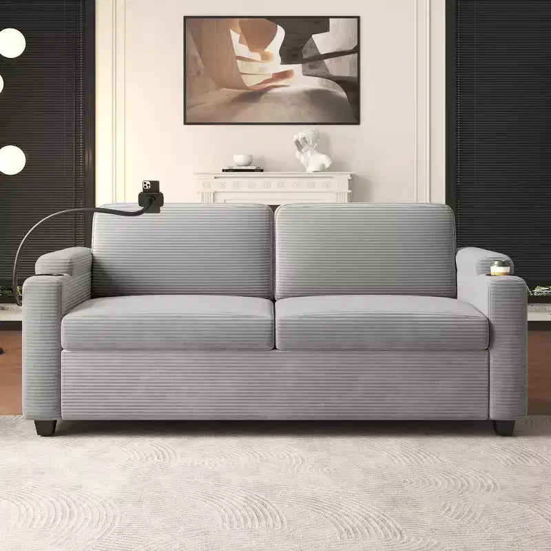 Divanetto trasformabile in velluto a coste Whisen 72.8 con materasso, porte USB e contenitore