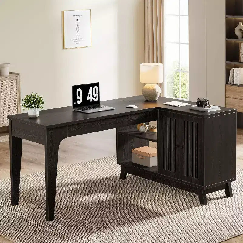 Lantine 57-Inch L-Shaped Computer Desk with Storage Cabinet for Home Office