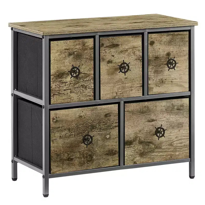 Cassettiera in legno VECELO a 5 cassetti, comodino/tavolino per soggiorno o camera da letto, maniglia a strappo, grigio