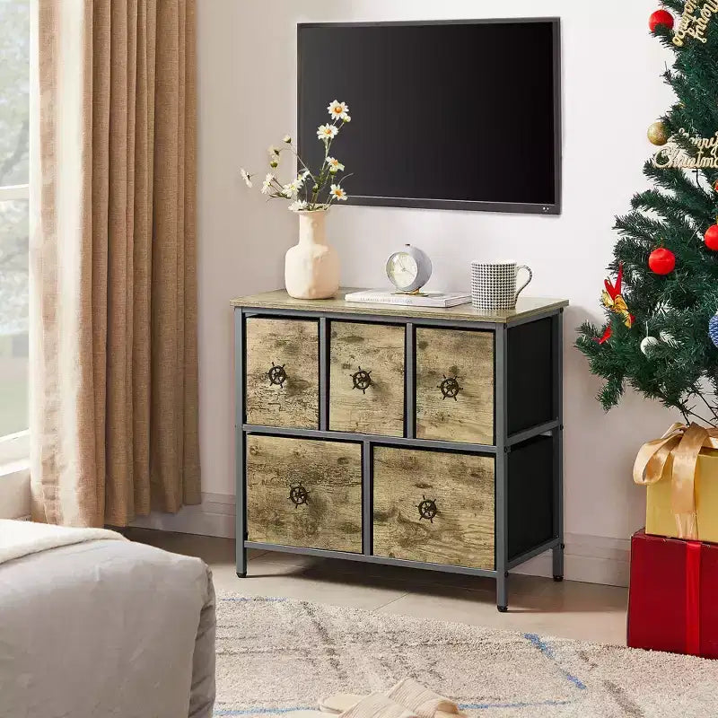 Cassettiera in legno VECELO a 5 cassetti, comodino/tavolino per soggiorno o camera da letto, maniglia a strappo, grigio