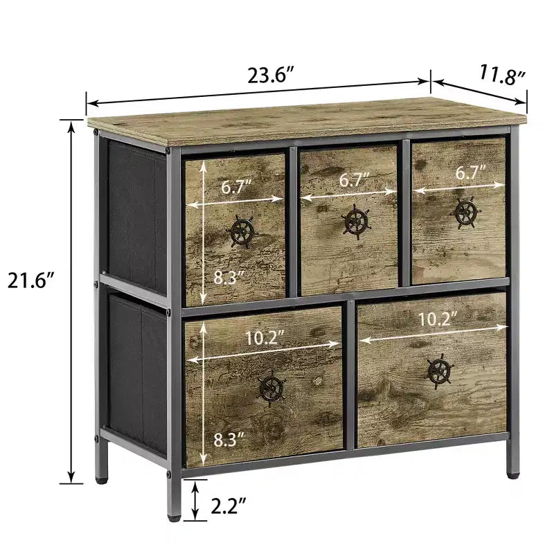 Cassettiera in legno VECELO a 5 cassetti, comodino/tavolino per soggiorno o camera da letto, maniglia a strappo, grigio