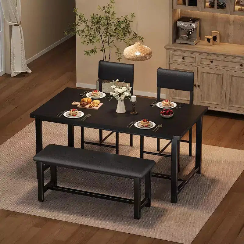 Wooden Dining Table Set for 4 with Bench and 2 Upholstered Chairs, Ideal for Small Spaces, Apartments, and Homes, Easy Assembly