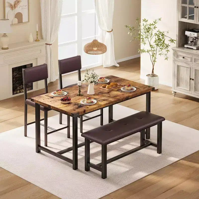 Set da pranzo in legno per 4 persone con panca e 2 sedie imbottite, ideale per piccoli spazi, appartamenti e case, facile da montare