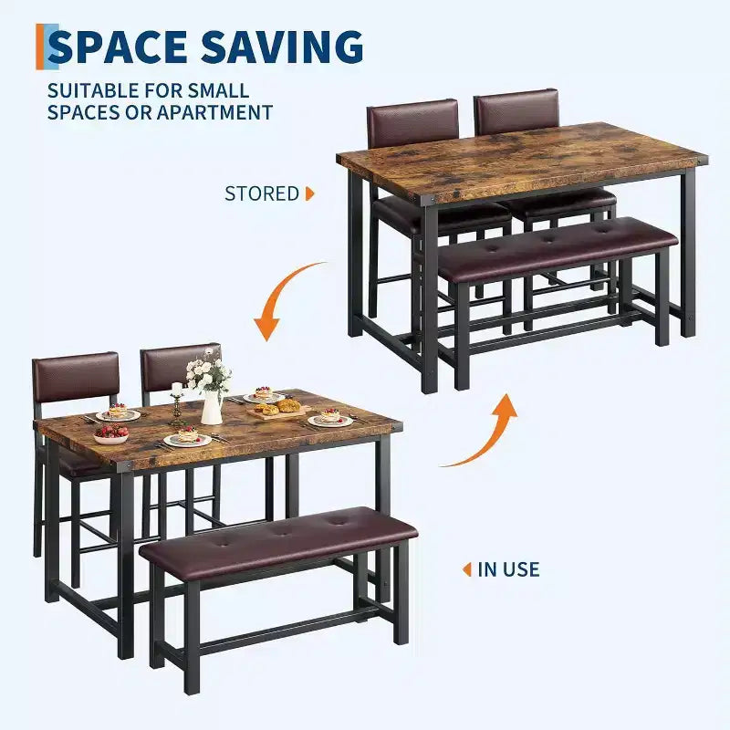 Set da pranzo in legno per 4 persone con panca e 2 sedie imbottite, ideale per piccoli spazi, appartamenti e case, facile da montare