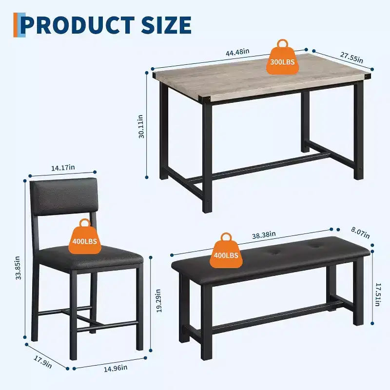 Set da pranzo in legno per 4 persone con panca e 2 sedie imbottite, ideale per piccoli spazi, appartamenti e case, facile da montare