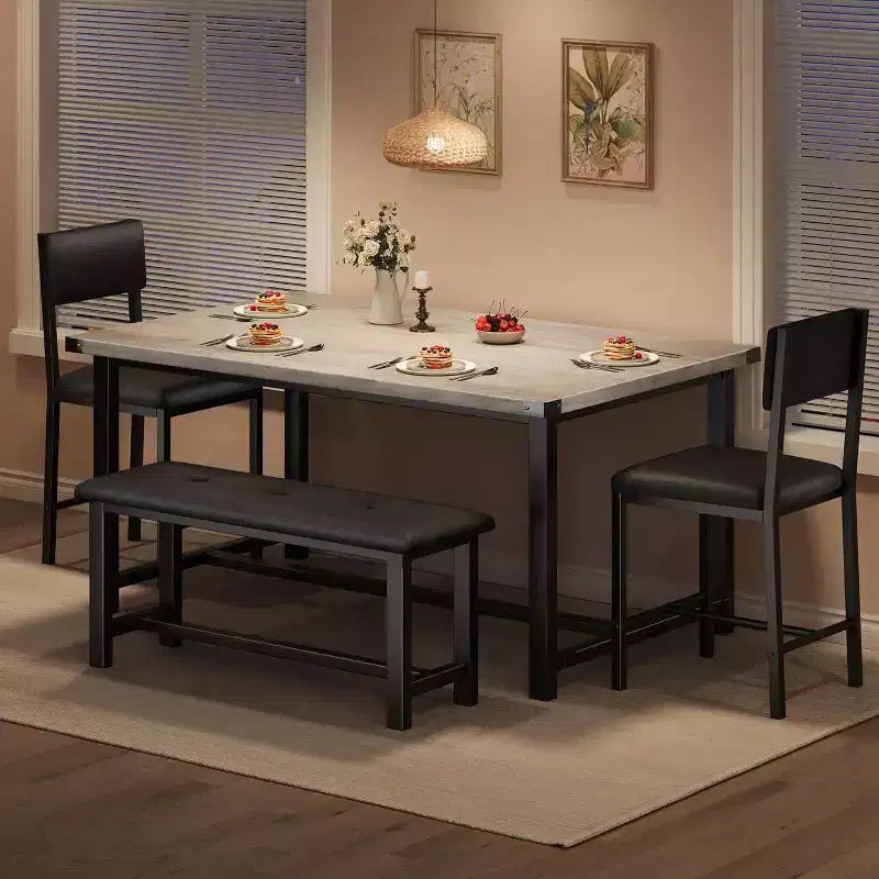Set da pranzo in legno per 4 persone con panca e 2 sedie imbottite, ideale per piccoli spazi, appartamenti e case, facile da montare