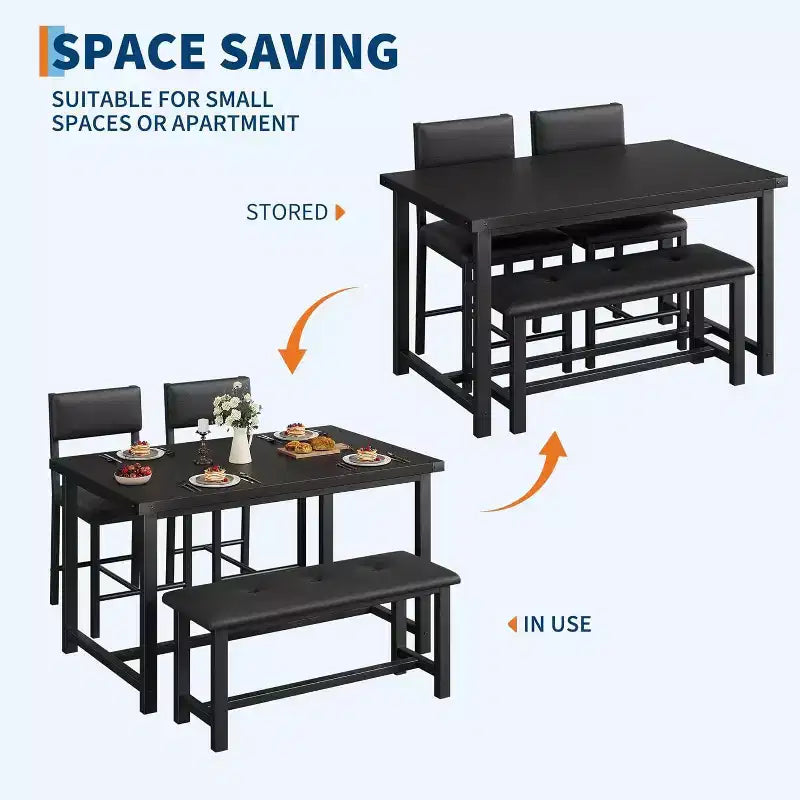 Set da pranzo in legno per 4 persone con panca e 2 sedie imbottite, ideale per piccoli spazi, appartamenti e case, facile da montare