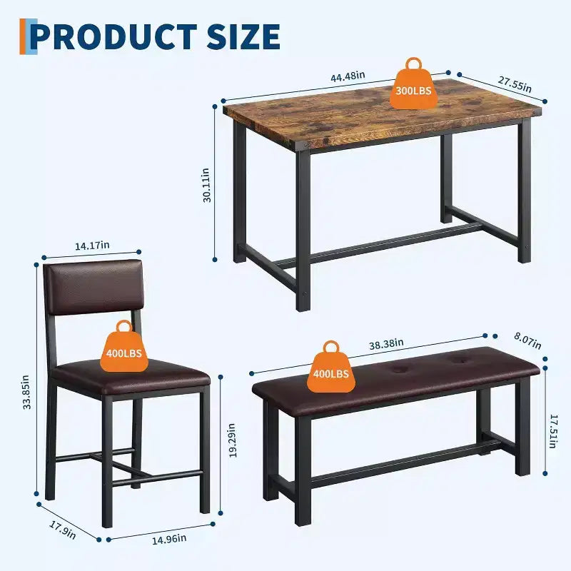 Set da pranzo in legno per 4 persone con panca e 2 sedie imbottite, ideale per piccoli spazi, appartamenti e case, facile da montare