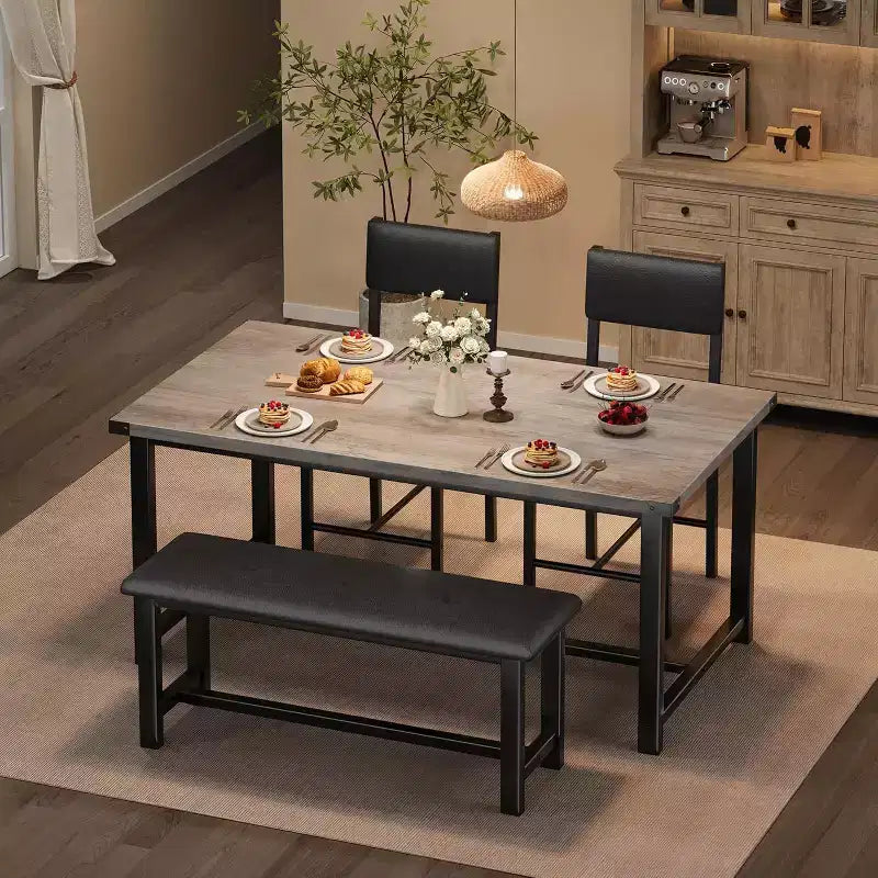 Set da pranzo in legno per 4 persone con panca e 2 sedie imbottite, ideale per piccoli spazi, appartamenti e case, facile da montare