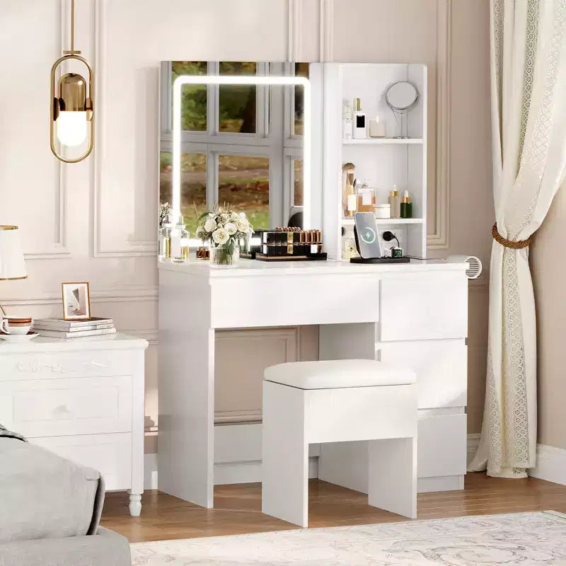 Toeletta con Specchio LED - Toeletta Trucco con 4 Cassetti, Prese di Corrente, Sgabello Contenitore, Ripiani Contenitore e Porta Asciugacapelli
