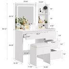 Toeletta con Specchio LED - Toeletta Trucco con 4 Cassetti, Prese di Corrente, Sgabello Contenitore, Ripiani Contenitore e Porta Asciugacapelli