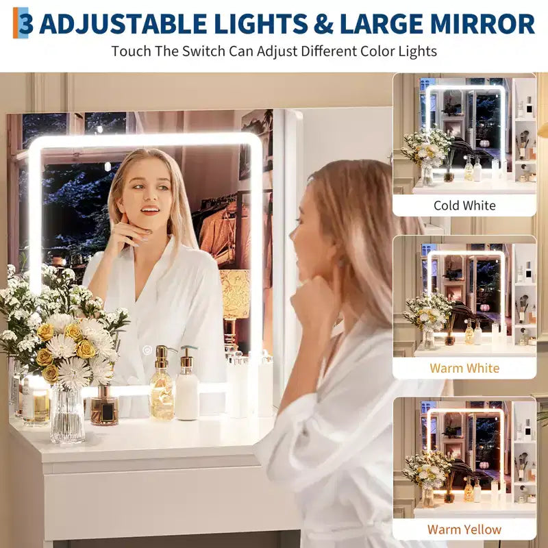 Toeletta con Specchio LED - Toeletta Trucco con 4 Cassetti, Prese di Corrente, Sgabello Contenitore, Ripiani Contenitore e Porta Asciugacapelli