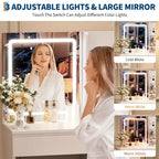 Toeletta con Specchio LED - Toeletta Trucco con 4 Cassetti, Prese di Corrente, Sgabello Contenitore, Ripiani Contenitore e Porta Asciugacapelli