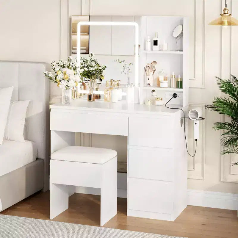 Toeletta con Specchio LED - Toeletta Trucco con 4 Cassetti, Prese di Corrente, Sgabello Contenitore, Ripiani Contenitore e Porta Asciugacapelli