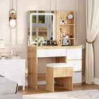 Toeletta con Specchio LED - Toeletta Trucco con 4 Cassetti, Prese di Corrente, Sgabello Contenitore, Ripiani Contenitore e Porta Asciugacapelli