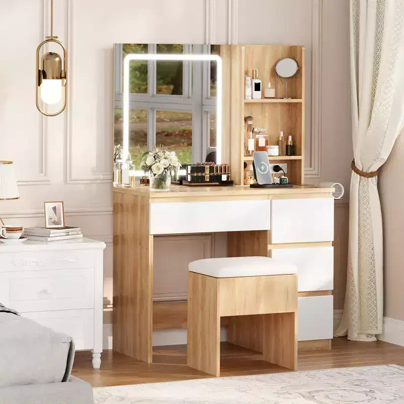 Toeletta con Specchio LED - Toeletta Trucco con 4 Cassetti, Prese di Corrente, Sgabello Contenitore, Ripiani Contenitore e Porta Asciugacapelli