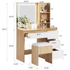 Toeletta con Specchio LED - Toeletta Trucco con 4 Cassetti, Prese di Corrente, Sgabello Contenitore, Ripiani Contenitore e Porta Asciugacapelli