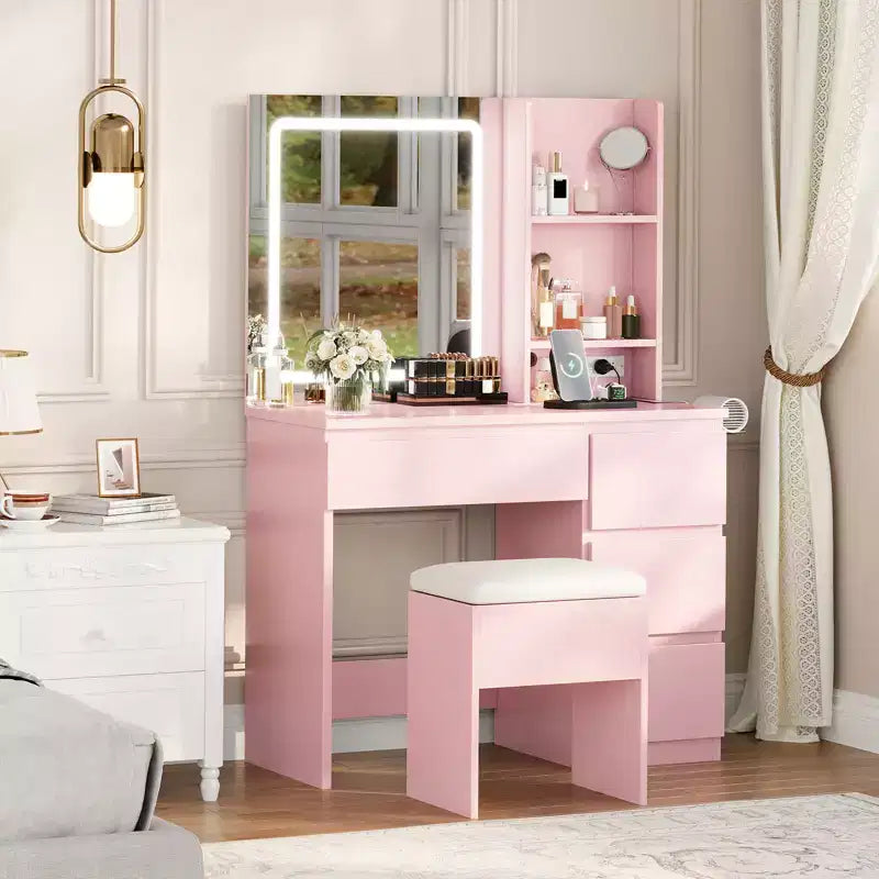 Toeletta con Specchio LED - Toeletta Trucco con 4 Cassetti, Prese di Corrente, Sgabello Contenitore, Ripiani Contenitore e Porta Asciugacapelli