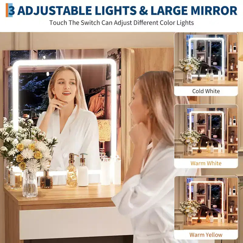 Toeletta con Specchio LED - Toeletta Trucco con 4 Cassetti, Prese di Corrente, Sgabello Contenitore, Ripiani Contenitore e Porta Asciugacapelli