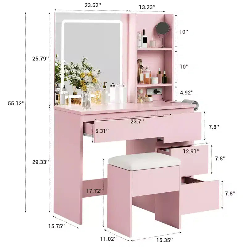 Toeletta con Specchio LED - Toeletta Trucco con 4 Cassetti, Prese di Corrente, Sgabello Contenitore, Ripiani Contenitore e Porta Asciugacapelli