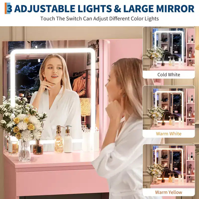 Toeletta con Specchio LED - Toeletta Trucco con 4 Cassetti, Prese di Corrente, Sgabello Contenitore, Ripiani Contenitore e Porta Asciugacapelli
