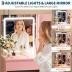 Toeletta con Specchio LED - Toeletta Trucco con 4 Cassetti, Prese di Corrente, Sgabello Contenitore, Ripiani Contenitore e Porta Asciugacapelli