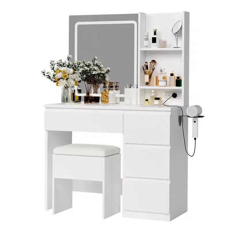 Toeletta con Specchio LED - Toeletta Trucco con 4 Cassetti, Prese di Corrente, Sgabello Contenitore, Ripiani Contenitore e Porta Asciugacapelli