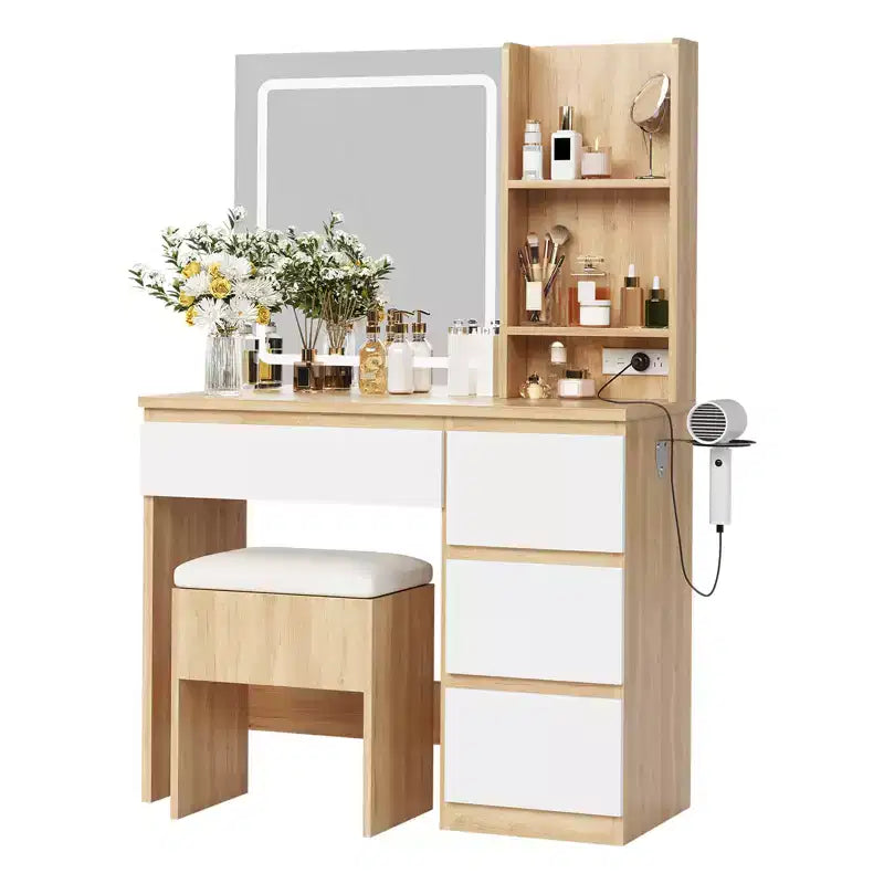 Toeletta con Specchio LED - Toeletta Trucco con 4 Cassetti, Prese di Corrente, Sgabello Contenitore, Ripiani Contenitore e Porta Asciugacapelli