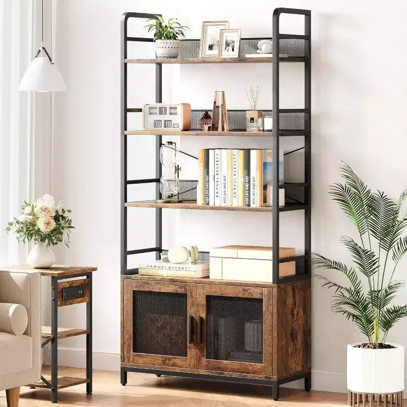 Libreria Industriale con Armadietto, Scaffale Aperto a 4 Ripiani, Mensola Espositiva, Alta 180 cm, Per Camera da Letto, Soggiorno, Ufficio, Marrone