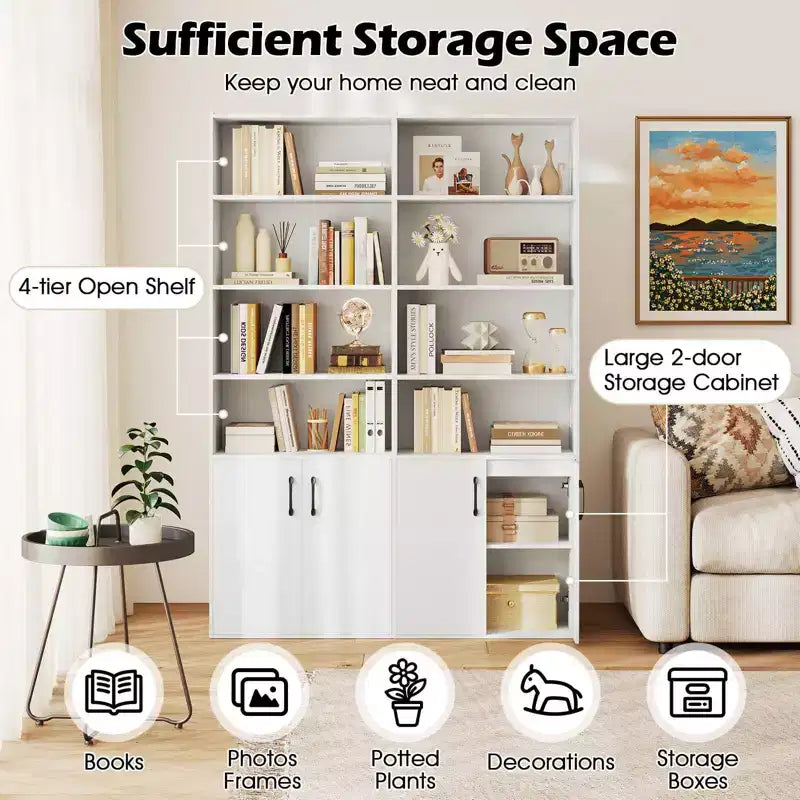 Libreria Costway 70 con ripiani regolabili e armadietto a 2 ante, scaffale multiuso espositivo, bianco/naturale/nero/grigio