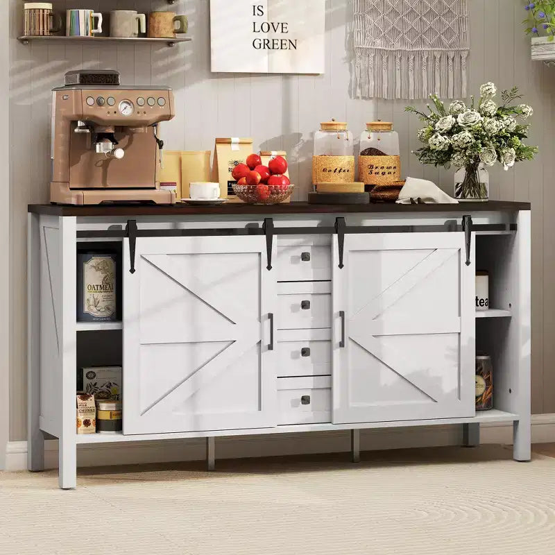HOMCOM Credenza a buffet in stile rustico da 150 cm con piano spesso, mobile bar da caffè con ante scorrevoli a granaio, cassetti, ripiani regolabili