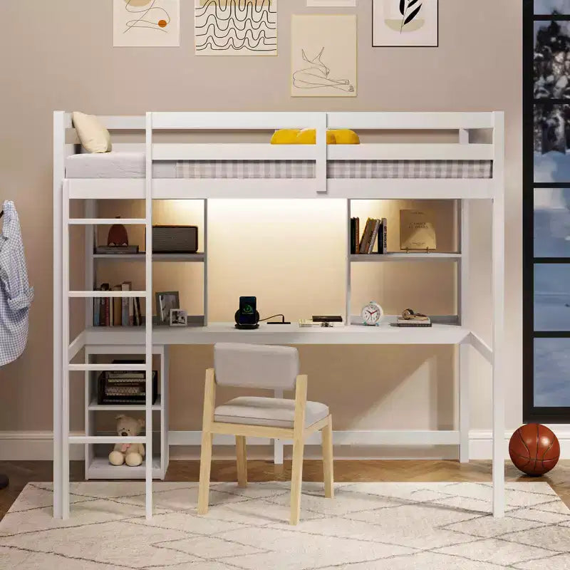 Costway Letto a soppalco singolo con luce LED e presa di corrente, scrivania, ripiani e armadietto