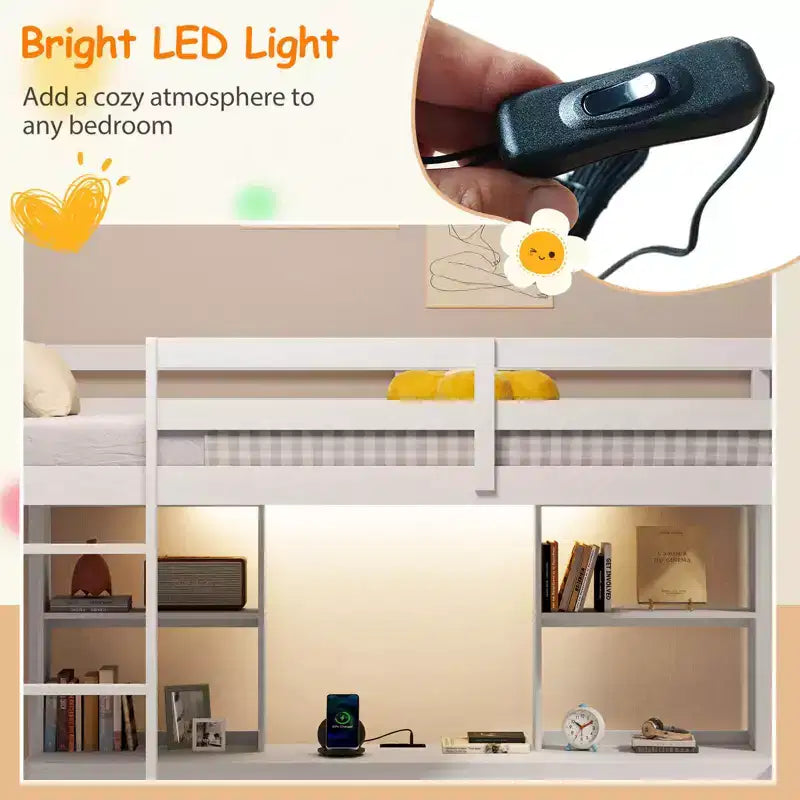 Costway Letto a soppalco singolo con luce LED e presa di corrente, scrivania, ripiani e armadietto