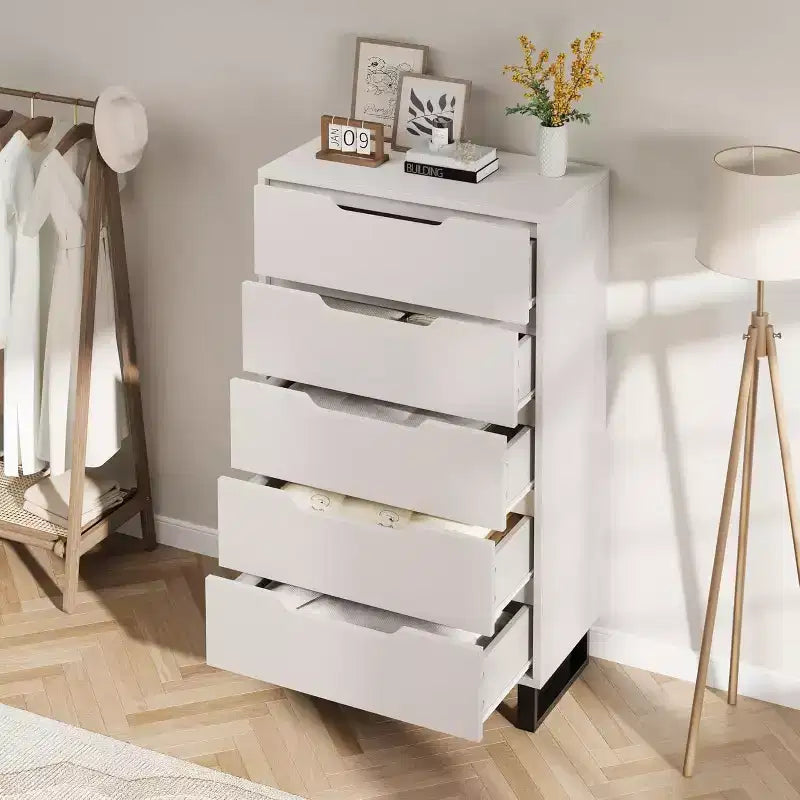 Cassettiera a cinque cassetti da 35,4 pollici, materiale PB+MDF+metallo, cinque cassetti portaoggetti, altezza regolabile, stile moderno-semplice e rustico
