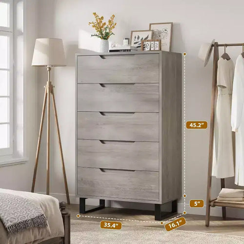Cassettiera a cinque cassetti da 35,4 pollici, materiale PB+MDF+metallo, cinque cassetti portaoggetti, altezza regolabile, stile moderno-semplice e rustico