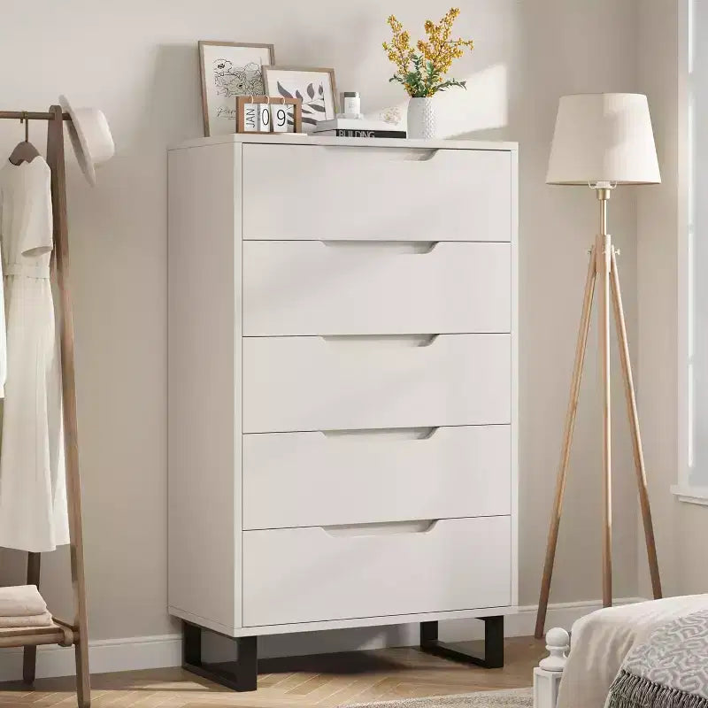 Cassettiera a cinque cassetti da 35,4 pollici, materiale PB+MDF+metallo, cinque cassetti portaoggetti, altezza regolabile, stile moderno-semplice e rustico