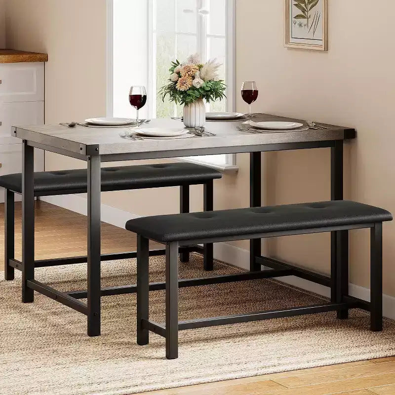 Set Tavolo da Pranzo Acekool con 2 Panche Imbottite, Tavolo Salvaspazio per Appartamento o Sala da Pranzo