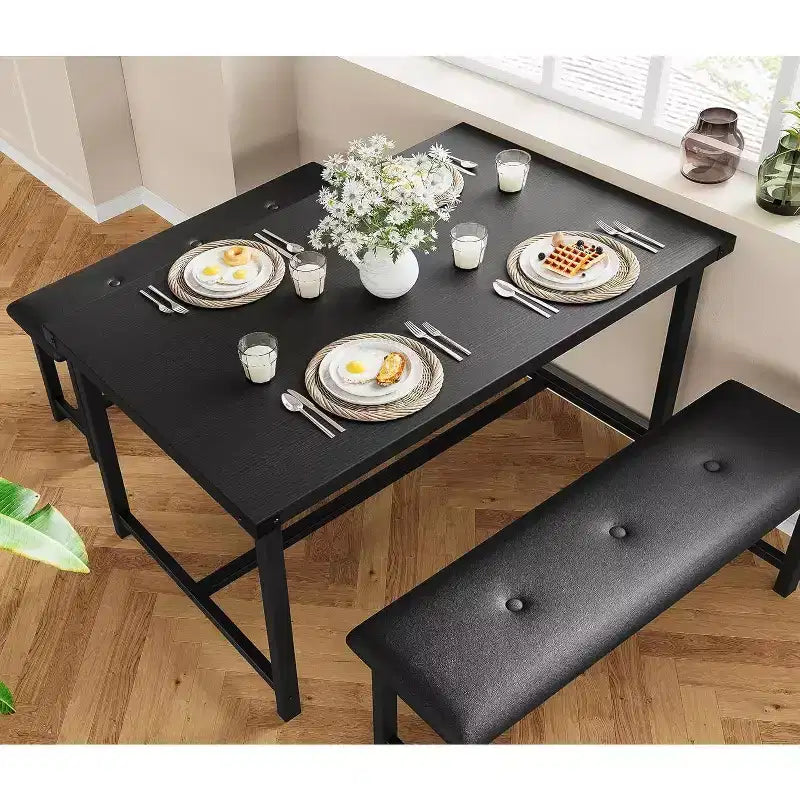 Acekool Dining Table Set with 2 Upholstered Benches, Space-Saving Table for Apartment or Dining Room