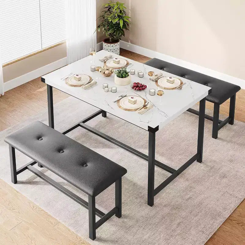 Set Tavolo da Pranzo Acekool con 2 Panche Imbottite, Tavolo Salvaspazio per Appartamento o Sala da Pranzo