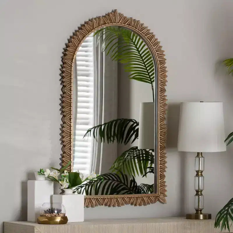 Baxton Studio Caitlin Antique Gold Finished Wood Arch Accent Wall Mirror with Carved Leaf Border
