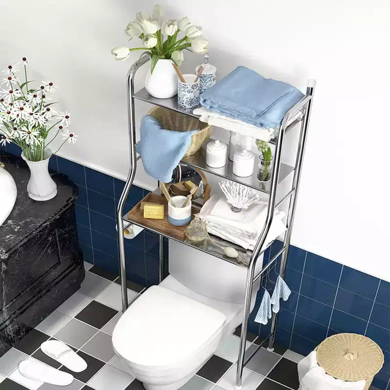 Mobiletto portaoggetti da bagno GustoWave sopra il WC, organizer da bagno in metallo con porta carta igienica e ganci, autoportante senza forare, salvaspazio, bianco