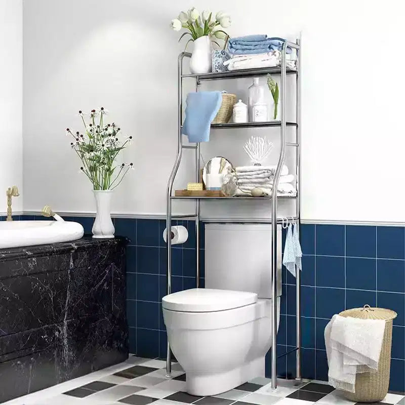 Mobiletto portaoggetti da bagno GustoWave sopra il WC, organizer da bagno in metallo con porta carta igienica e ganci, autoportante senza forare, salvaspazio, bianco