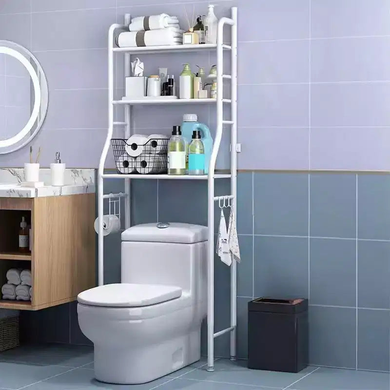 Mobiletto portaoggetti da bagno GustoWave sopra il WC, organizer da bagno in metallo con porta carta igienica e ganci, autoportante senza forare, salvaspazio, bianco
