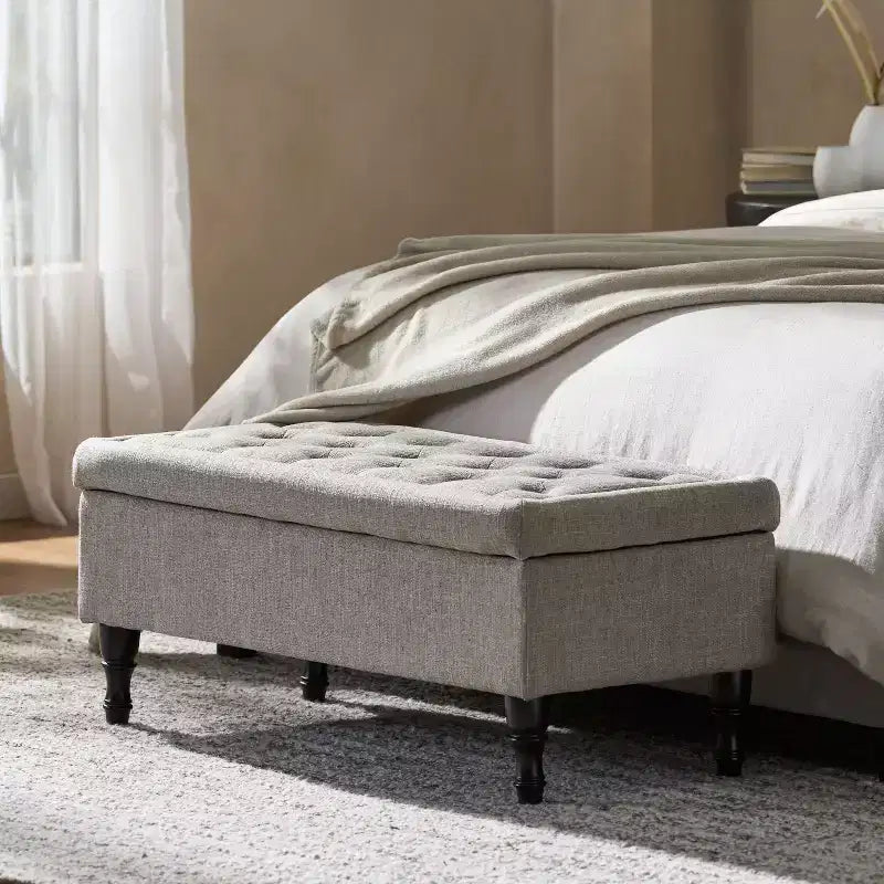 Panca Pouf Contenitore Okak con Bottoni Trapuntati, Sgabello Multifunzionale Imbottito, Panca da Letto con Gambe in Legno a Fuso per Divano Camera da Letto