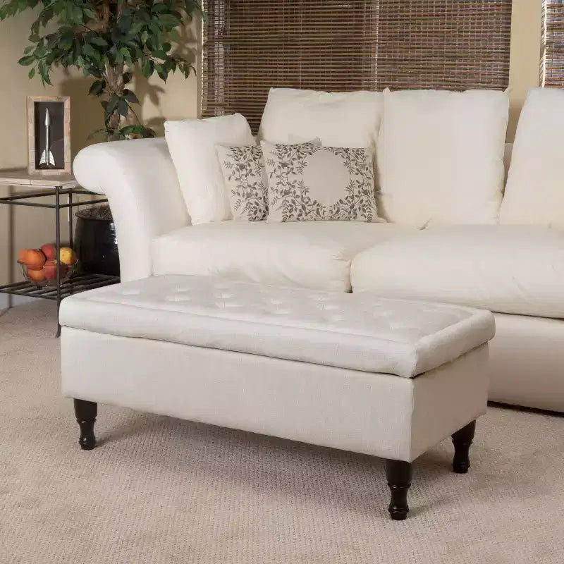Panca Pouf Contenitore Okak con Bottoni Trapuntati, Sgabello Multifunzionale Imbottito, Panca da Letto con Gambe in Legno a Fuso per Divano Camera da Letto