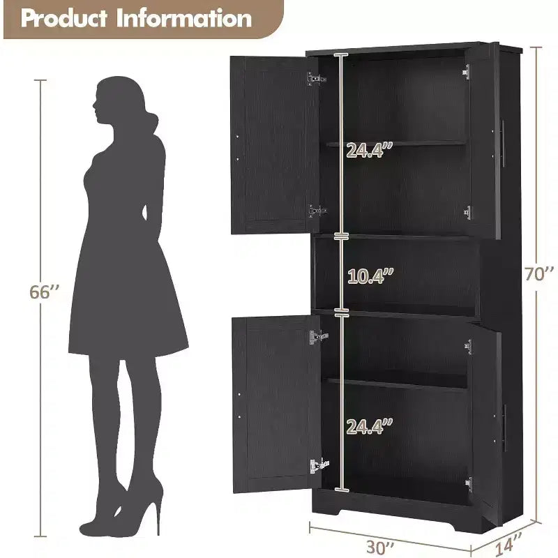 Credenza dispensa alta 177,8 cm con 4 ante e ripiani regolabili, mobile da pavimento per sala da pranzo, bagno, lavanderia