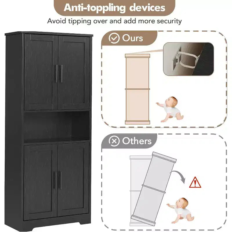 Credenza dispensa alta 177,8 cm con 4 ante e ripiani regolabili, mobile da pavimento per sala da pranzo, bagno, lavanderia