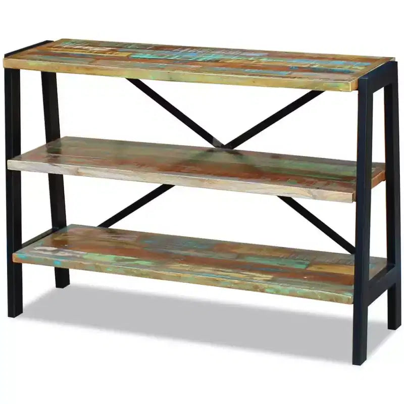 vidaXL Credenza in legno massello di recupero con struttura in acciaio - Tavolino laterale fatto a mano in stile vintage con tre ripiani per la decorazione della casa, mobile laterale multicolore