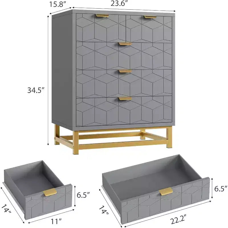Cassettiera grigia a 5 cassetti con base in metallo - Comò moderno per camera da letto, soggiorno e organizzazione armadio